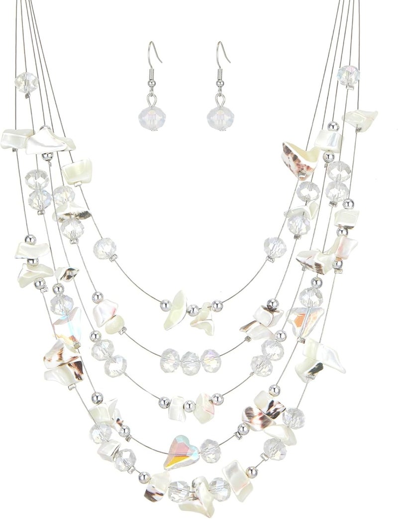 Errally Store Multi-Layer Boho Shell Beaded Necklace for Women Colorful Crystal Strand with Silver Beads Statement Collars Necklace and Earrings Costumes Jewelry Sets for Women - Image 1
